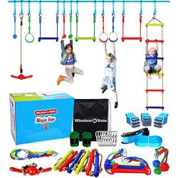 Winslow&Ross 49pcs Ninja Line Swing Set Toys for Kids, Obstacle Course Set for Indoor Outdoor Backyard Jungle Gym Training Equipment - with 60ft Extra Long Slack Line, 14 Hanging Loops