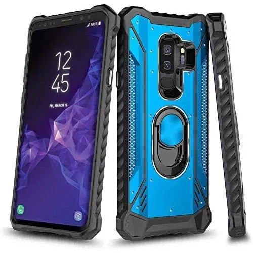 E-Began Case Compatible for Samsung Galaxy S9 Plus, Aluminum Metal Built-in Magnetic Ring Holder Stand, Full-Body Protective Military Phone Case -Blue
