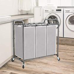 STORAGE MANIAC 3 Section Laundry Sorter, 3 Bag Laundry Hamper Cart with Heavy Duty Rolling Lockable Wheels and Removable Bags, Gray