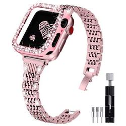 Joyozy Compatible with Apple Watch Band 40mm,Bling Dressy Jewelry Metal Band & Protective Crystal Diamond Case for Iwatch Series 6/5/4/SE (Rose Pink+Tool, 40MM)