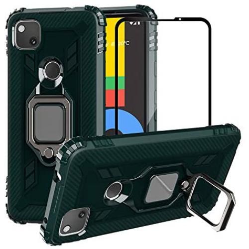 PULEN for Google Pixel 4a Case with Screen Protector[1 Pack],Hybrid Armor Metal Ring Holder Magnetic Car Mount,Full Body Shockproof Sturdy Bumper Protective Cover - Green
