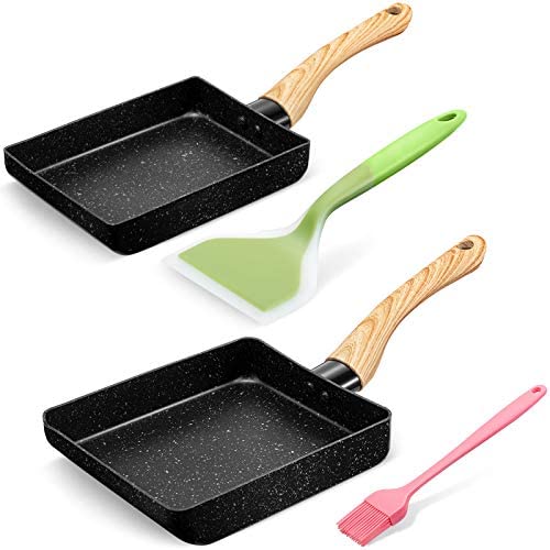 2 Pieces Tamagoyaki Pan Spatula Metal Omelette Pans Non-stick Frying Pan, Wide Spatula Turner and Silicone Pastry Brush for Kitchen Baking Cooking Tools