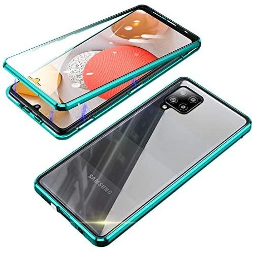 Jonwelsy Magnetic Adsorption Case for Samsung Galaxy A42, 360 Degree Front and Back Clear Tempered Glass Flip Cover, Metal Bumper Frame for Samsung Galaxy A42 (Green)