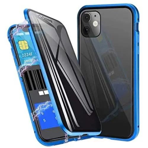 Anti-Spy Anti-Peeping Privacy Magnetic Case for iPhone 11 Clear Double Sided Tempered Glass [Magnet Absorption Metal Bumper Frame] Thin Anti-Spy 360 Full Protective Phone Case (Blue, 11 6.1'')