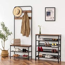 HOOBRO Coat Rack Shoe Bench, Pipe Style Hall Tree Organizer, Entryway Storage Shelf with Unique Double Hooks, Wood Look Accent Furniture with Metal Frame, Industrial Design, Rustic Brown BF01MT01