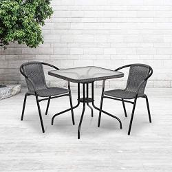 Flash Furniture 28 Square Tempered Glass Metal Table with Gray Rattan Edging