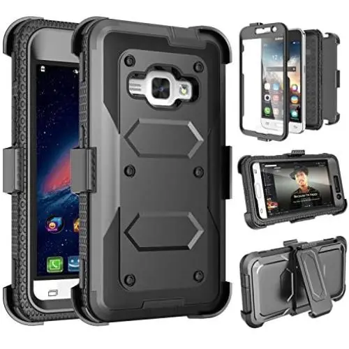 Tinysaturn Galaxy Luna Case, Galaxy Amp 2 Case, Galaxy Express 3 Case,J1 2016 Case, (TM) [Yvenus Series] [Black] Shock Absorbing Holster Belt Clip [Built-in Screen] Cover for Samsung Galaxy J1 2016