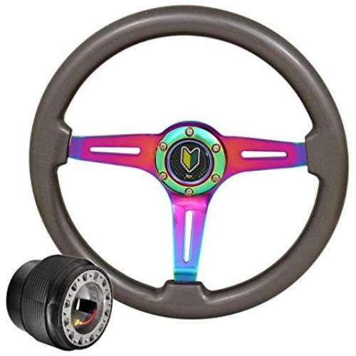 345mm 6 Bolt Steering Wheel Gunmetal Wood + Hub Adapter For Honda Civic Accord + Wakaba Shoshinsha Green/Yellow Horn Button Center Upgrade Replacement Performance