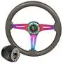 345mm 6 Bolt Steering Wheel Gunmetal Wood + Hub Adapter For Honda Civic Accord + Wakaba Shoshinsha Green/Yellow Horn Button Center Upgrade Replacement Performance