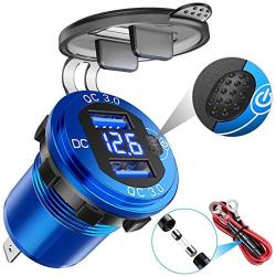 YONHAN [Upgraded Version] Quick Charge 3.0 Dual USB Car Charger with Voltmeter & ON/Off Switch, Metal 36W 12V USB Outlet Fast Charger for Car Boat Marine ATV Truck and More - Blue