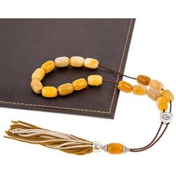 Yellow Jade Gemstone, Handmade Greek Worry Beads or Komboloi with Alpaca Metal Parts on Pure Silk Cord & Tassel, Length 34cm (13.4)