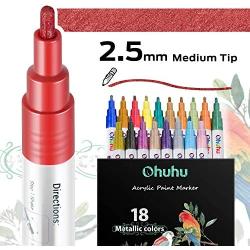 Metallic Acrylic Markers Pen, Ohuhu 18-color Paint Pens for Rock Painting Art, DIY Ceramic, Water-Based Metallic Glitter Acrylic Ink Painting for Porcelain, Metal, Wood, Fabric Valentines Day DIY