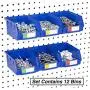 Pegboard Bins - 12 Pack Blue Large - Hooks to Any Peg Board - Organize Hardware, Accessories, Attachments, Workbench, Garage Storage, Craft Room, Tool Shed, Hobby Supplies, Small Parts