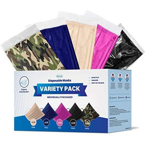 WeCare Disposable Face Mask Individually Wrapped - 50 Variety Color Pack - 3 Ply