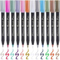 Premium Metallic Marker Calligraphy Brush Pens, Ohuhu Set of 12 Glitter Paint Pen Window Marker for DIY Valentines Day Birthday Card Making, Coloring Books, Photo Album, Glass Back To School Gift