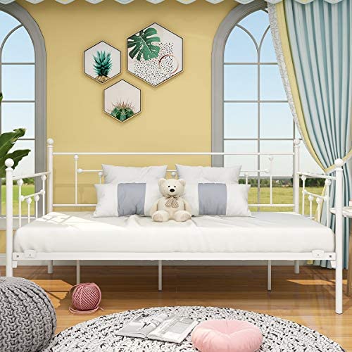 JURMERRY Metal Daybed Frame with Steel Slats Platform Furniture,White