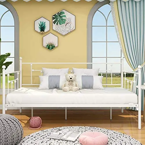 JURMERRY Metal Daybed Frame with Steel Slats Platform Furniture,White JURMERRY Metal Daybed Frame with Steel Slats Platform Furniture,White