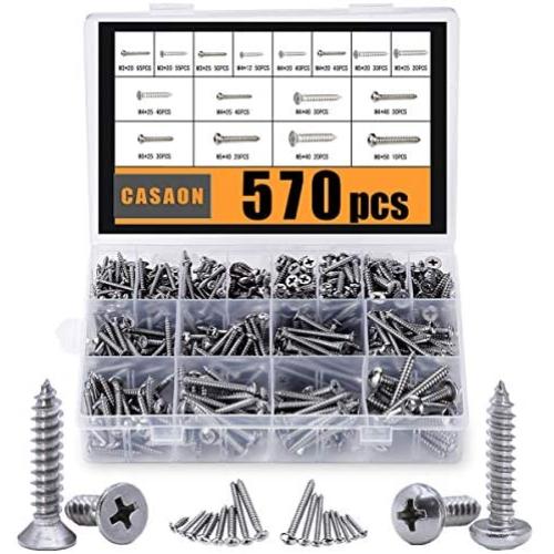 Self Tapping Screws Assortment Set, M3/M4/M5/M6 304 Stainless Steel Sheet Metal Screws Kit, Casaon Phillips Drive Wood Screw Assortment 570pcs (285pcs Round Head and 285pcs Flat Head)