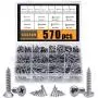 Self Tapping Screws Assortment Set, M3/M4/M5/M6 304 Stainless Steel Sheet Metal Screws Kit, Casaon Phillips Drive Wood Screw Assortment 570pcs (285pcs Round Head and 285pcs Flat Head)
