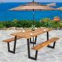 Giantex Picnic Table Bench Set with Umbrella Hole, Outdoor Dining Table Set, 70” Acacia Wood Picnic Beer Table with Metal Frame (Natural & Black)