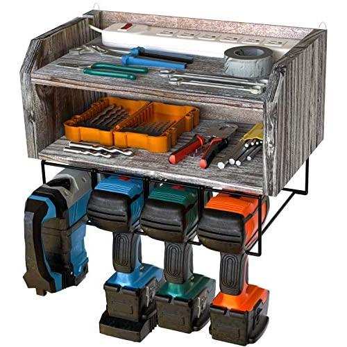 J JACKCUBE DESIGN Rustic Wood Power Tool Storage and Organizer, Drill Holder Charging Station, 4 Metal Drill Hanging Slots Racks, Wall Mount Tools Garage Storage Cabinets- MK681A (Rustic Wood)
