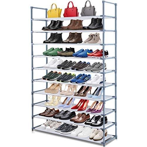 Camabel 10 Tiers Shoe Rack Stackable Narrow Expandable For 60 Pairs Shoe Non-Woven Fabric Shoe Storage Organizer Cabinet Tower Shelf Space Saving DIY Assembly No Tools Required Hold High Heeled Flat