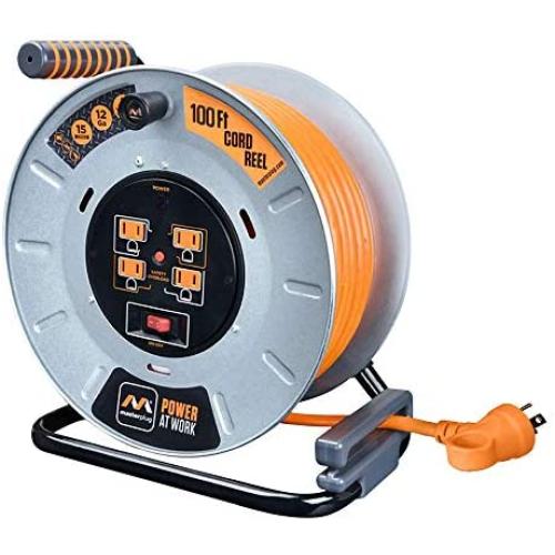 Masterplug Heavy Duty Metal Cord Reel with 4-120V 15amp Integrated Outlets and 12 Gauge High Visibility Cord (100ft)