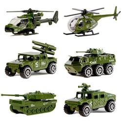 Nunkitoy Die-cast Military Vehicles,6 Pack Assorted Alloy Metal Army Vehicle Models Car Toys,Original Color Mini Army Toy Tank,Jeep,Panzer,Anti-Air Vehicle,Helicopter Playset for Kids Toddlers Boys