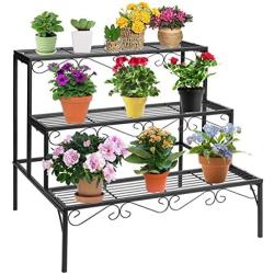 DOEWORKS 3 Tier Stair Style Metal Plant Stand, Garden Shelf for Large Flower Pot Display Rack Indoor Outdoor, Black