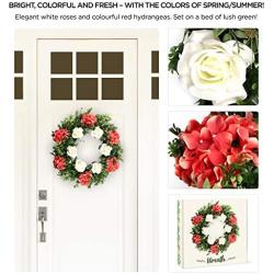 flybold Spring Wreaths Front Door Wreath Outdoor Summer Wreaths 23 Inch Large with Artificial Pink Hydrangea Flower and White Rose Welcome Decor for All Seasons