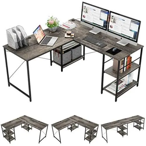 Bestier L-Shaped Desk with Storage Shelves Adjustable 95.2'' 2 Person Desk Modern Industrial Corner Computer Desk, Large L Desk for Home Office Student Writing Gaming Workstation, Gray Bestier L-Shaped Desk with Storage Shelves Adjustable 95.2'' 2 Person Desk Modern Industrial Corner Computer Desk, Large L Desk for Home Office Student Writing Gaming Workstation, Gray