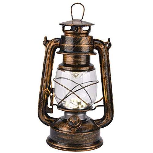Vintage LED Hurricane Lantern with Dimmer Switch and 15 LEDs, Warm White Electric Kerosene Lamp Battery Operated, Hand-Painted Gold Metal Hanging Lantern for Indoors and Outdoor