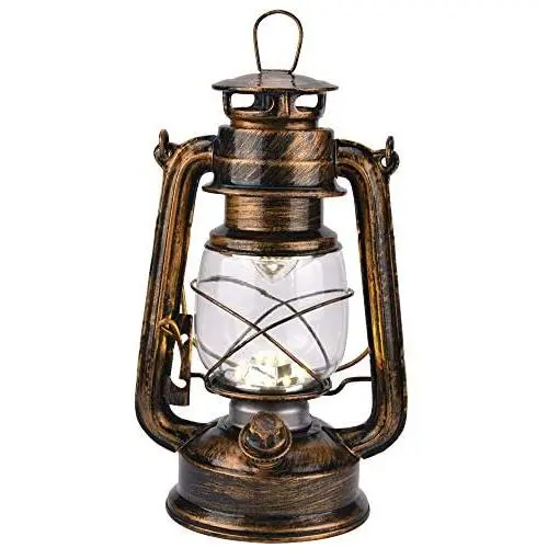 Vintage LED Hurricane Lantern with Dimmer Switch and 15 LEDs, Warm White Electric Kerosene Lamp Battery Operated, Hand-Painted Gold Metal Hanging Lantern for Indoors and Outdoor