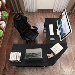 DlandHome L-Shaped Computer Desk 59 inches x 59 inches, Composite Wood and Metal, Home Office PC Laptop Study Workstation Corner Table with CPU Stand, Black and Black Legs, ZJ02-BB