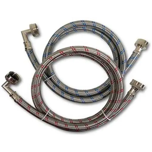 Premium Stainless Steel Washing Machine Hoses with 90 Degree Elbow, 12 Ft Burst Proof (2 Pack) Red and Blue Striped Water Connection Inlet Supply Lines - Lead Free … Premium Stainless Steel Washing Machine Hoses with 90 Degree Elbow, 12 Ft Burst Proof (2 Pack) Red and Blue Striped Water Connection Inlet Supply Lines - Lead Free …