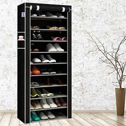 Shoe Rack Free Standing 9-Tier Black Foldable Shoe Rack Metal Shoe Tower 27 Pair Nonwoven Fabric Cover Shoe Storage Organizer Unit Entryway Shelf Stackable Cabinet Durable Metal Shelves (BLACK)