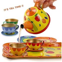 Liberty Imports Colorful Fruit Tin Tea Party Set for Kids - Metal Teapot and Cups Kitchen Playset