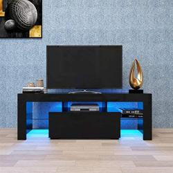 HomVent Modern TV Stand, Glossy TV Stand with Blue LED Light, Television Stand Media Storage Console Cabinet with Shelves & Drawer Entertainment Center for Living Room Bedroom Black