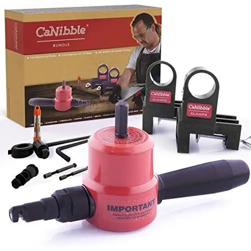 CaNibble Professional Nibbler Bundle - Made in Australia, Two Bench Mounting Clamps, Replacement Punches, Replacement Die Plus Free Straight and Circle Cutting Attachment CaNibble Professional Nibbler Bundle - Made in Australia, Two Bench Mounting Clamps, Replacement Punches, Replacement Die Plus Free Straight and Circle Cutting Attachment