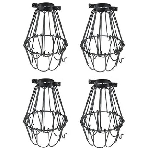 Rustic State Set of 4 Industrial Vintage Style | Hanging Pendant Metal Wire Cage | Adjustable Light Fixture Lamp Guard (Black)