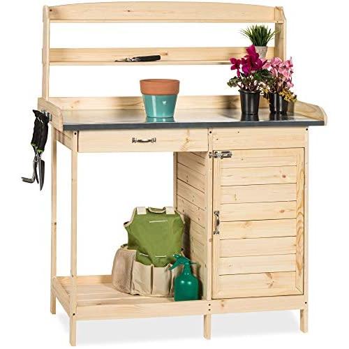 Best Choice Products Outdoor Garden Wooden Potting Bench Work Station w/Metal Table Top, Cabinet, Sliding Drawer, and Large Bottom Shelf, Natural