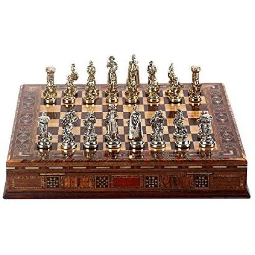 GiftHome Medieval British Army Metal Chess Set for Adults, Handmade Pieces and Natural Solid Wooden Chess Board with Pearl Design Around Board and Storage Inside King 2,75 inc