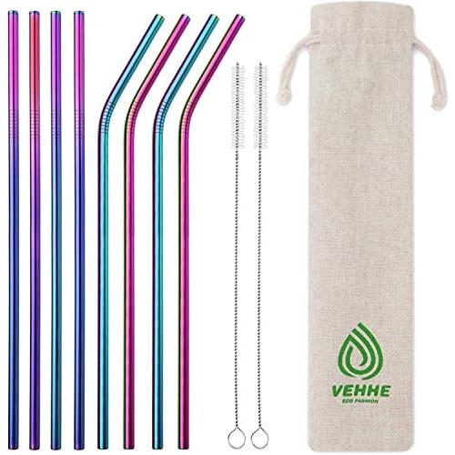 VEHHE Metal Straws Stainless Steel Straws 8 Set Reusable Drinking Rainbow Straws with Cleaning Brush for 20 OZ Tumblers(4 Straight + 4 Bent + 2 Brush)