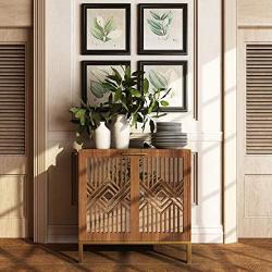 COZAYH Full-Assembled 2 Door Accent Cabinet Modern Mirror Fronts Clean-Lined Silhouette, Natural