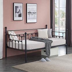 VECELO Daybed Frame Twin Size Multifunctional Metal Platform with Headboard Victorian Style,Mattress Foundation/Children Bed Sofa for Guest Living Room, Black