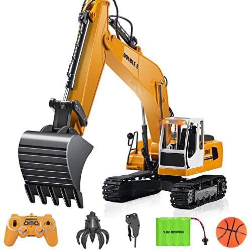 DOUBLE E Remote Control Truck RC Excavator Toy 17 Channel 3 in 1 Claw Drill Metal Shovel Real Hydraulic Electric RC Construction Vehicle with Working Lights