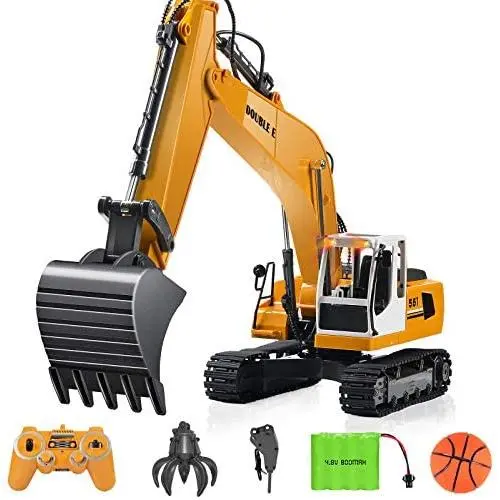 DOUBLE E Remote Control Truck RC Excavator Toy 17 Channel 3 in 1 Claw Drill Metal Shovel Real Hydraulic Electric RC Construction Vehicle with Working Lights