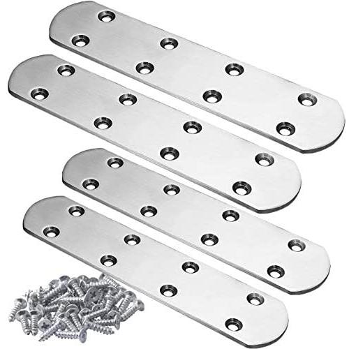 Straight Brace, Ouioui 4 Pieces Stainless Steel Flat Brace (6.57 x 1.49 inch, 167 x 38mm) Braces Joining Plate Connector Support Bracket for Shelves Cabinets Wood Furniture, 32 Pieces Screws Included