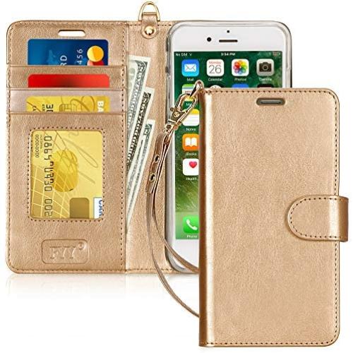 FYY Case for iPhone 8 Plus/7 Plus, [Kickstand Feature] Luxury PU Leather Wallet Phone Case Flip Folio Protective Cover with [Card Holder][Wrist Strap] for iPhone 7 Plus/8 Plus (5.5'') Gold