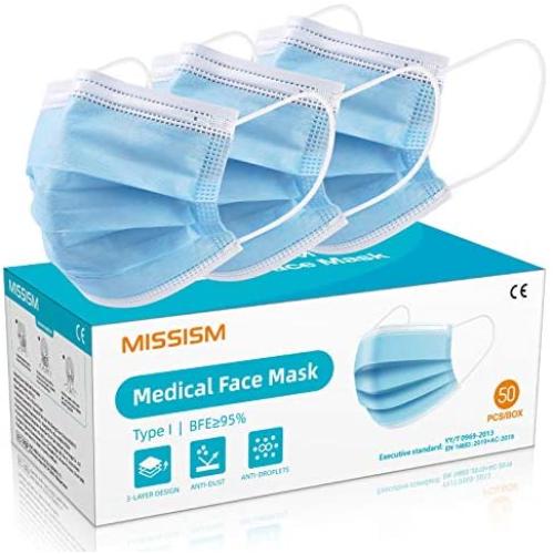 Disposable Medical Face Mask, 3 Layers Breathable Adult Face Cover Masks with Elastic Earloop and Adjustable Metal Nose Wire Clip, for Men Women Seniors Teens 50PCS